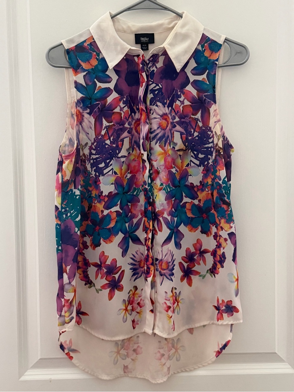 White Collared Floral Sleeveless Blouse - White / Multicolor